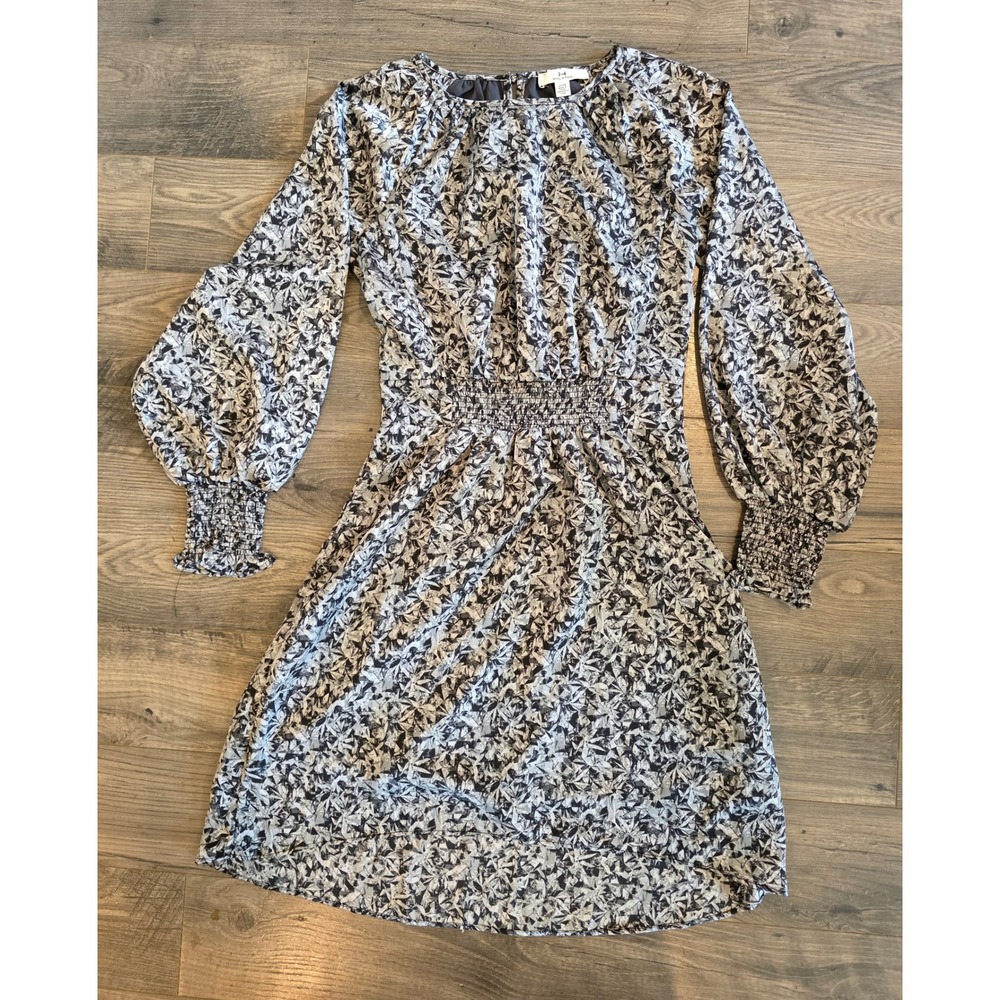 Womens XS Halston Black White Abstract Floral Smocked Waist Balloon Sleeve Dress